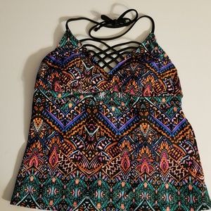 black multi color tankini swim top with open back